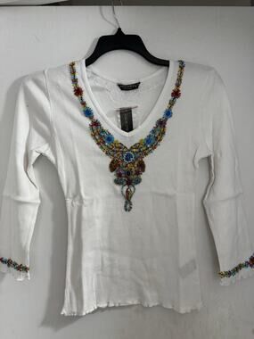 Chaudry KC Women’s White Ribbed Beaded Long Sleeve M Lettuce Trim 100% Cotton